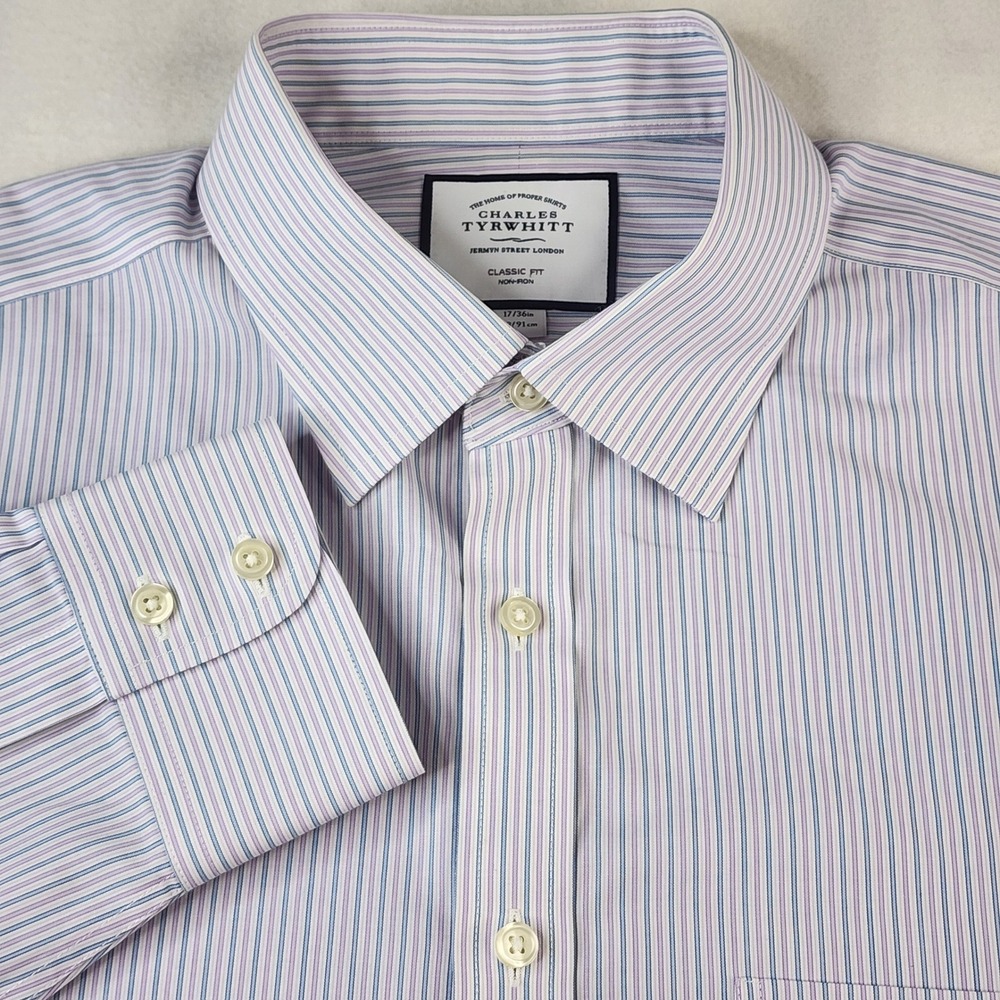 Charles Tyrwhitt Dress Shirt Mens 17/36 Purple Blue Striped Classic Fit Non-Iron